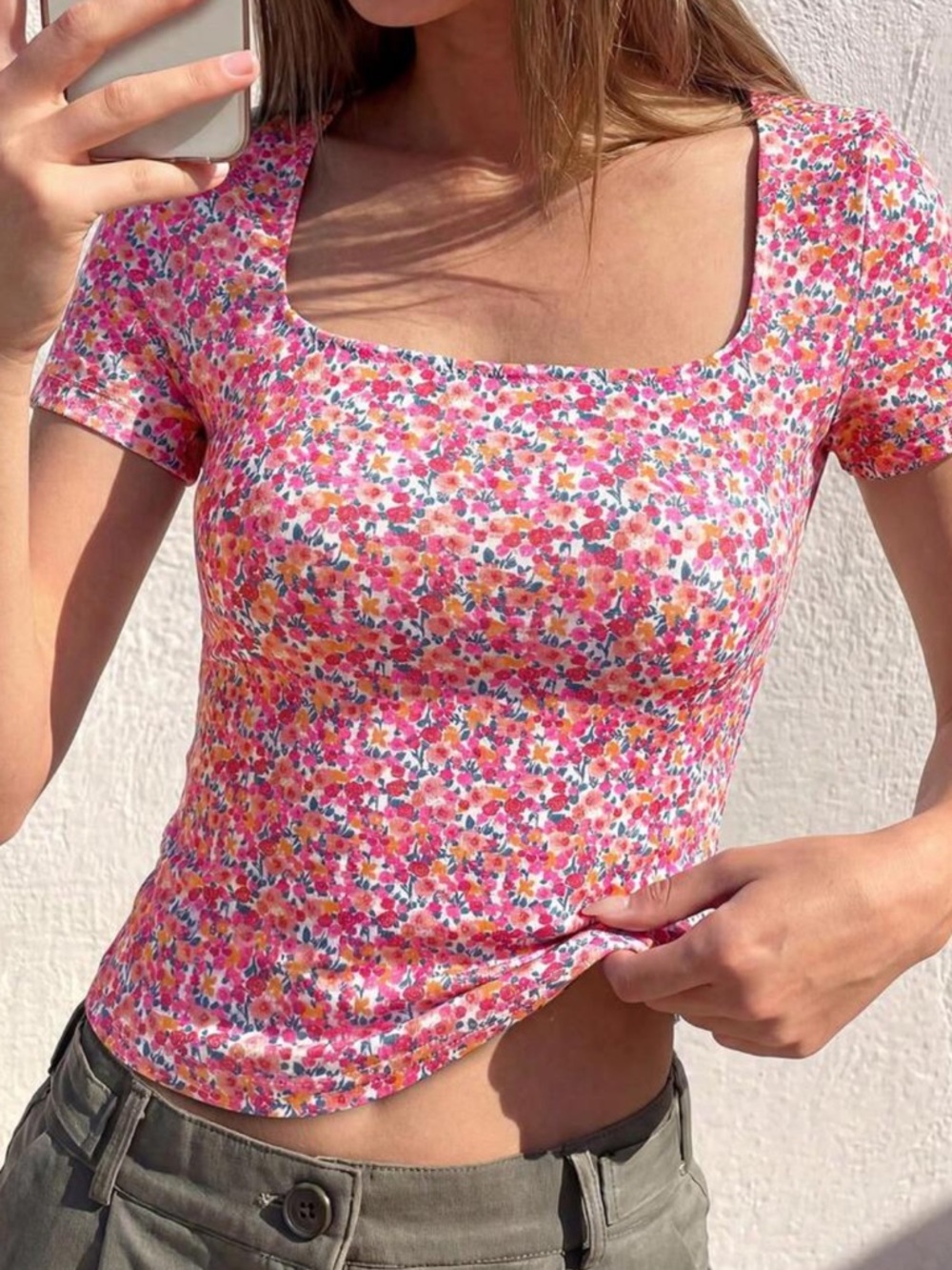 Floral Square-Neck Crop Top in Pink